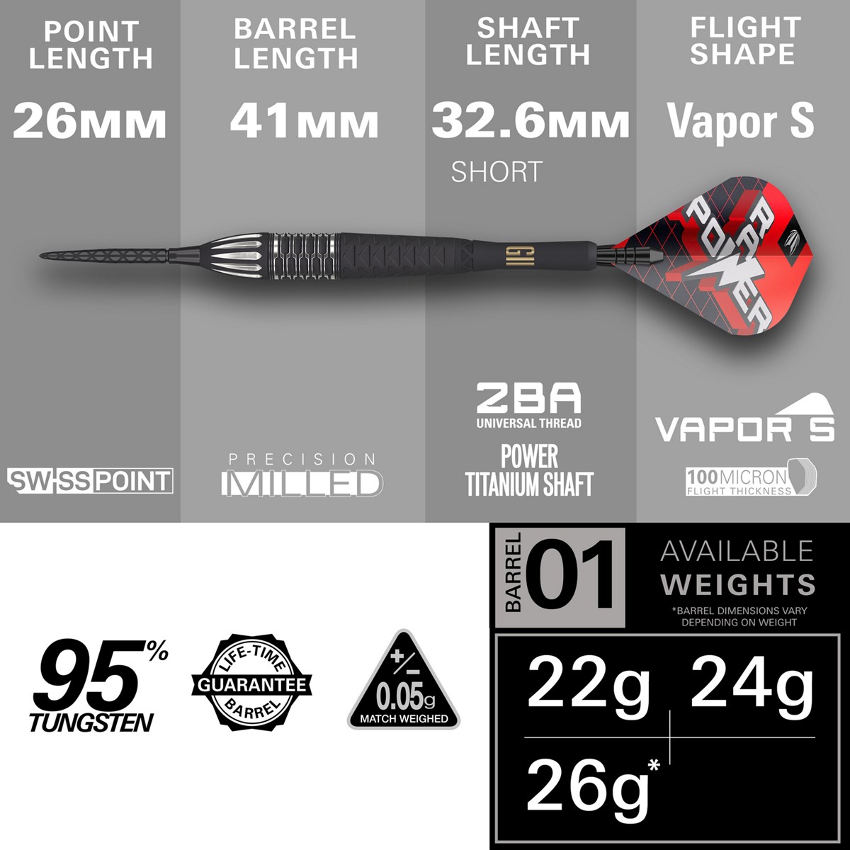 Target Darts Phil Taylor Raw Power G11 95% Tungsten SP Steel Tip 26 grams