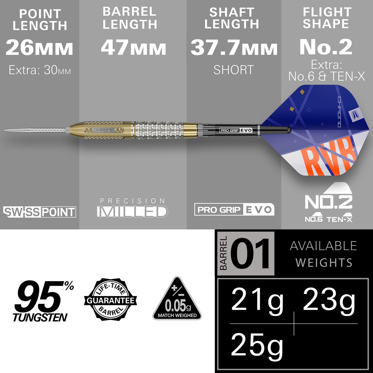 Target Darts Raymond Van Barneveld  Chrono 95% Tungsten SP Steel Tip  21 grams