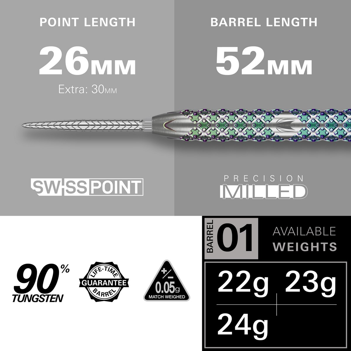 Target Darts Rove 01 90% Tungsten SP Steel Tip  22 grams