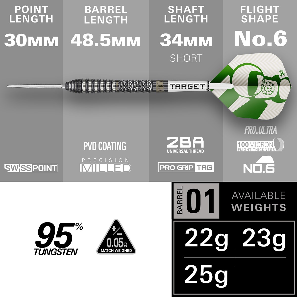 Target Darts Charlie Manby 95% Tungsten SP Steel Tip Darts 25 grams