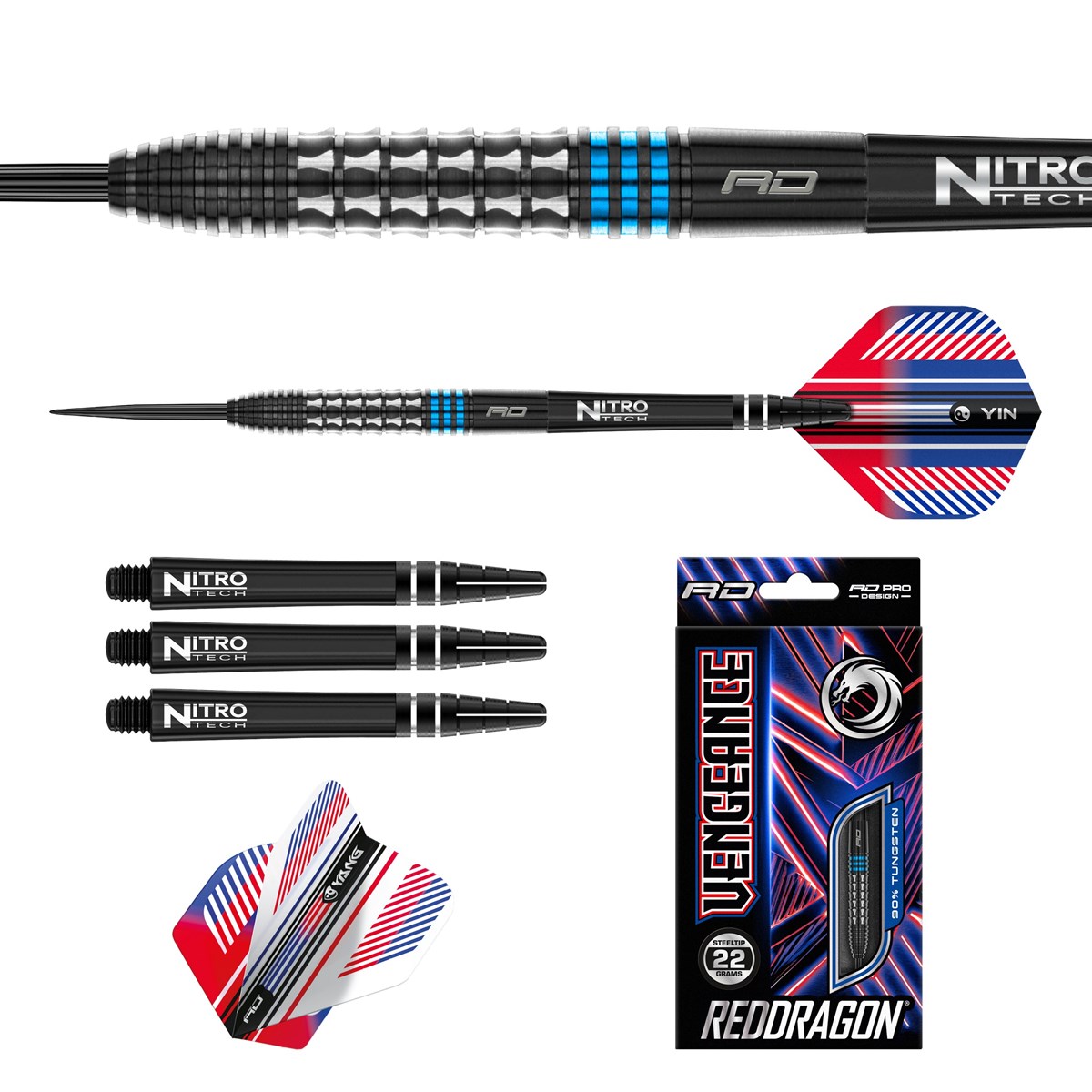 Red Dragon Vengeance Blue 90% Tungsten Steel Tip Darts (22 grams)