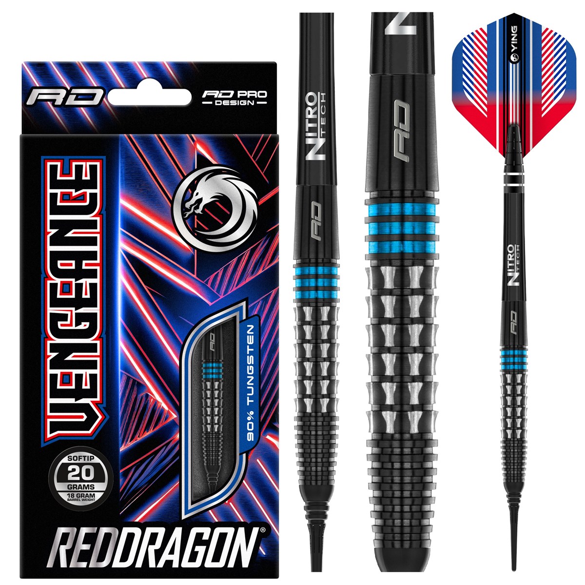 Red Dragon Vengeance Blue 90% Tungsten Soft Tip Darts (18 grams)
